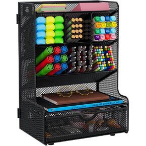Desk Organizer with Drawer, 9 Compartments Mesh Pencil Holder, Hanging Wall Organization Office Supplies and Accessories Storage Caddy, Black