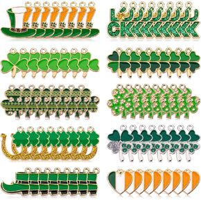 Noverlife 80PCS 10 Styles St. Patrick's Day Shamrock Charms for Jewelry Making, Green Clover Metal Charms Enamel Heart Hat Charms Pendants Lucky 4 Leaf Clover Rhinestone Enamel for Jewelry DIY Making