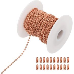 PATIKIL 10m/32.8ft Beaded Ball Chain, 2.4mm Stainless Steel Pull Chain Extension with 20 Pcs Connectors for Tag Chain, Keychain Rings, DIY Crafts, Rose Gold