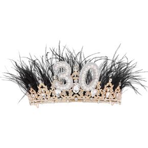YOUAME 30th Birthday Crown - Lady’s Thirty Birthday Black Feather Trim Tiara, 30TH Girls Birthday Party Headband, Hen Party Head Wear Accessory