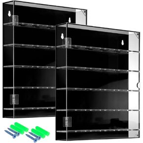 QWORK 2 Pack Clear Acrylic Challenge Coin Display Case - Wall Mount & Tabletop Stand, Versatile Holder for Military, Sports Coins, Poker Chips, Up to 45 Coins, Removable Shelf for Large Coins