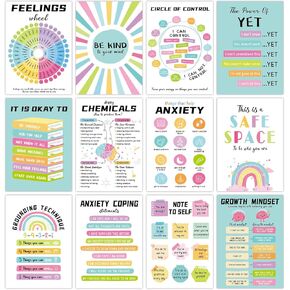 12 Pcs Mental Health Posters, Anxiety Therapy Office Decor, Counseling Office Must Haves, 10’’x14’’ School Counselor Supplies, Mental Health Wall Art Decor Home Classroom Therapist Mental Health Gifts