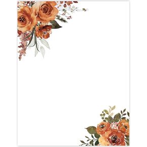 60 Sheets Watercolor Floral Stationery Letterhead Paper Orange Rose Writing Paper Single-Sided Flower Greeting Paper for Invitations Office Printing, 8.5 x 11 Inch