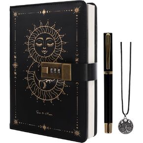 TIEFOSSI Diary with Lock, Sun & Moon Journal with Lock for Women Men, A5 Refillable Notebook with Lock for Writing, 224 Numbered Pages