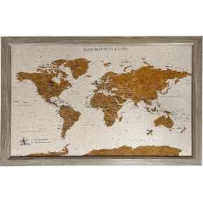 World Map Pin Board Travel Map Gray Frame | Framed Pinboard | Cork Wooden Design | Push Pins Included | Personalised Home Wanderlust Decor for Travelers