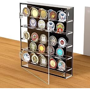 Military Coin Holder, Acrylic Challenge Coin Wall Display Case with Removable Shelves and Magnetic Door, fits 45 Cabinet Rack for Casino Poker Chips Collectibles