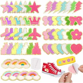 63Pcs Self-Adhesive Chenille Patches, Preppy Stick On Fuzzy Sticker Patches Cute Star Bow Flower Heart Rainbow Lightning Chenille Patches for Fabric Clothing Backpack Hats Bags Jackets Jeans Decor