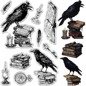 CRASPIRE Crow Clear Stamp Vinatge Raven Books Rubber Stamps Halloween Reusable Transparent Silicone Decorative Seals for Crafting Greeting Card Making Journaling Photo Album Decor and DIY Scrapbooking