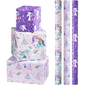 LeZakaa Mermaid Birthday Wrapping Paper Roll, Cute Cat, Mermaid Girl, Colorful Scales Design for Birthday, Baby Shower Party Favor for Kids, Baby Girl, Women, Mini Roll, 17 x 120 inches, 3 Rolls