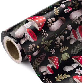 WRAPAHOLIC Mushroom Wrapping Paper Roll - Mini Roll - 17 Inch x 33 Feet - Black Red Mushrooms Plants Design, Perfect for Birthday, Autumn, Party, Holiday