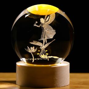 3D Fairy Crystal Ball Lamp Decor Fairy Figurines Glass Sphere Paperweight with LED Wooden Base, 3D Laser Engraved Glass Fairy Figurines Night Light Gifts for Home Office Decor.