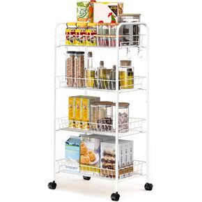 PLKOW 4-Tier Metal Rolling Utility Cart, Multi-Functional Storage Cart for Office, Living Room, Kitchen, Bathroom, Lightweight Organizer Cart with Wheels, White