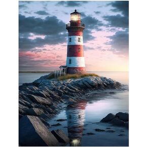 VeGuude Diamond Painting Kits for Adults, Beach and Lighthouse 5D Diamond Art Kits for Beginner DIY Full Drill Diamond Dots Crystal Craft Kits for Home Wall Decor Gifts 11.8x15.7 inch