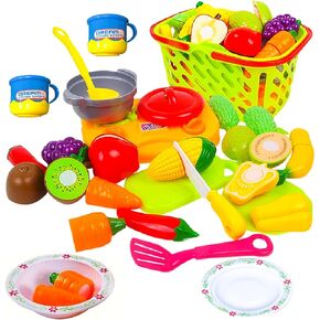 FUNERICA Durable Cuttable Play Food Grocery Shopping Basket, Kids Play Fruits and Vegetables Sets with Mini Cooking Top, Pot, Dishes, and Utensils Kids Kitchen Toys