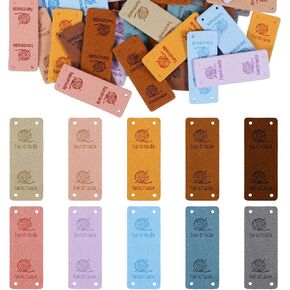 50 Pcs PU Leather Tags for Crochet Items, Handmade Tags for Crochet, Folding Handmade Tags Knit Accessories, Made with Love Tags for Crochet, 10 Colors, 2x5cm