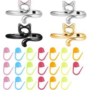 4 PCS Cat Crochet Ring for Finger with 20 Crochet Markers, Adjustable Cat Yarn Tension Rings for Crocheting Metal Crochet Rings for Tension Handmade Knitting Ring Accessories for Women Mom Gift