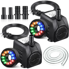 2 Pack 15W 220GPH Submersible Fountain Water Pump with 12 LED Lights, Aquarium Fish Tank Water Pump with 13mm and 8mm Spray Nozzles 9.8ft Tubing for Water Feature Pond Home Fountain Statuary Gardens