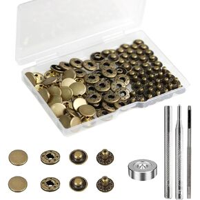 BetterJonny 50 Sets Leather Snap Fasteners Kit, 12.5mm Metal Snap Buttons Press Studs Leather Rivets Snaps with 4 Setter Tools for Clothes Bracelet Jackets Jeans Antique Brass