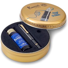Kaweco Piston Sport AL Black/Gold Starter Set I Classic Aluminium Fountain Pen for Ink Bottles in Nostalgic Box Including Kaweco Ink Bottle in Royal Blue I Piston Filler 13 cm I Nib: F (Fine)