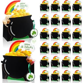 24 Pcs St. Patrick's Day Treat Boxes Saint Patty's Popcorn Candy Boxes with Ribbon and Shamrock Tag Irish Elf Golden Coin Pot Treat Containers St. Patrick's Day Party Activity Gift Favor Decor