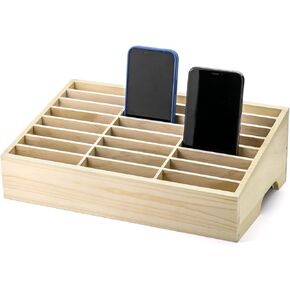 QWORK Wooden Cell Phones Storage Box 24-Grid, Desktop Mobile Phone Holder Management Storage Box Organizer, Multi Cell Phone Rack Display