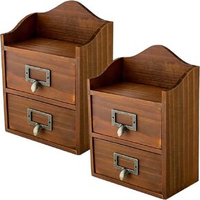 Mini Vintage Desktop Drawers - 2 Drawer Desktop Organizer - Rustic Card Catalog Drawers with Label Holders - Small Tabletop Chest Drawers for Storage and Organization - Mini Library Cabinet - 2-Pack