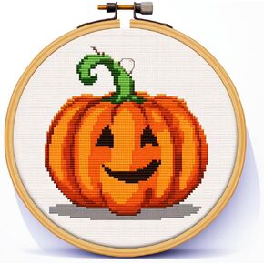 Generic Cartoon Simple Orange Pumpkin 11CT Stamped Cross Stitch Kits Easy for Beginners Child with Hoop DIY Needlepoint Counted Embroidery Kits Art Craft Wall Decor 12x12IN(4)