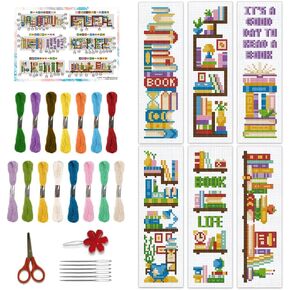 BEUNITONE 6 PCS Book Cross Stitch Borkmark Kits for Beginner Antars Starter DIY Craft Embroidery Longmark Kit مع تعليمات جميلة من عشاق الكتب المتقاطع مع الهدية المصنوعة يدويًا 6 "x12"