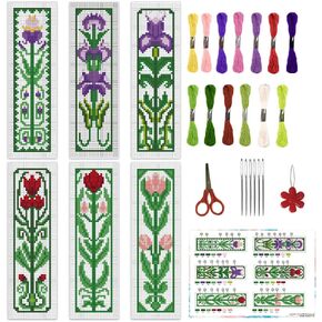 INFUNLY 6 Sets Retro Plant Flowers Cross Stitch Bookmark Kits for Beginners 22*8cm DIY Stamped Embroidery Bookmarks Kits with Instruction Full Kit of Handmade Cross Stitch Bookmark for Reader Lovers