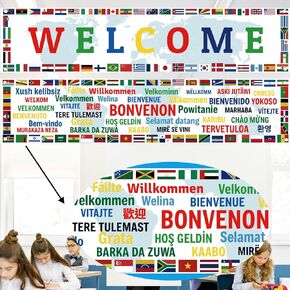 37 Languages International Flag Banner 71 In Enlarged World Flag Banner Welcome Country Flags Banner Backdrop Multicultural Around The World Welcome Sign for Classroom Party Supplies (blue)
