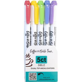 Coffee & Bible Time Aesthetic Bible Highlighters No Bleed, 5 Pack Assorted Pastel Colors, Soft Chisel & Bullet Tip, Easy Grip & Fast Drying for Journal, Planner, School, Study Supplies