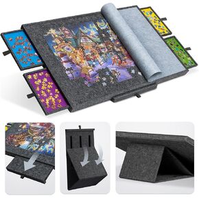 Tektalk Jigsaw Puzzle Table with Integrated Adjustable Stand/Bracket, 3-Tilting-Angle Puzzle Plateau with Cover & 4 Sorting Drawers, Super Lightweight Felt Puzzle Board, for Up to 1500 Pieces - Gray