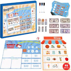 Magnetic Play Money for Kids | 92 Pieces Fake Cash with Realistic Bills & Coins for Math Games, Teaching, Savings Bank | Pretend Money for Learning Counting, Pretend Play, Classroom Rewards