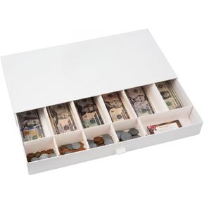 Cardboard Cash Register Drawer with Coins Bills Business Card Compartments Money Play Toy Gift for Kids Fit Real Money Too Only Box White
