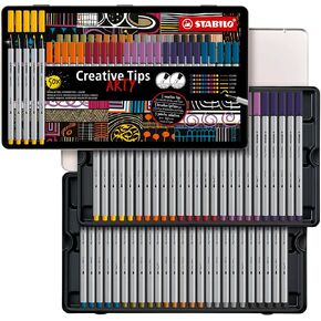 STABILO Multi-Tip Pen Set Creative Tips - 50 Piece ARTY Metal Tin Set - 10 Assorted Colors - Technical drawing, illustration, sketching, writing, lettering