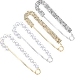 Mabor Pearl and Rhinestone Brooch Pin, 3 Inch Fancy Decorative Safety Pins for Clothes Cardigan Collar Clothing Large Gold and Silver Sweater Shawl Hat Clips for Girls Women