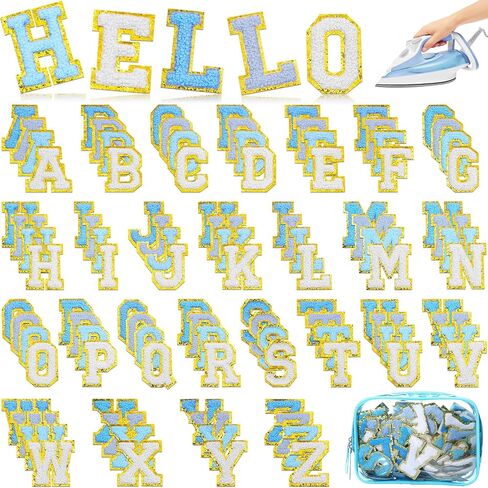105 Pcs Chenille Letter Patches Self Adhesive Iron on Colorful Chenille Embroidered Patches with Gold Glitter Jean Stickers for Clothing Hat Backpack Bag Jacket (Blue Gradient Series) in Kuwait