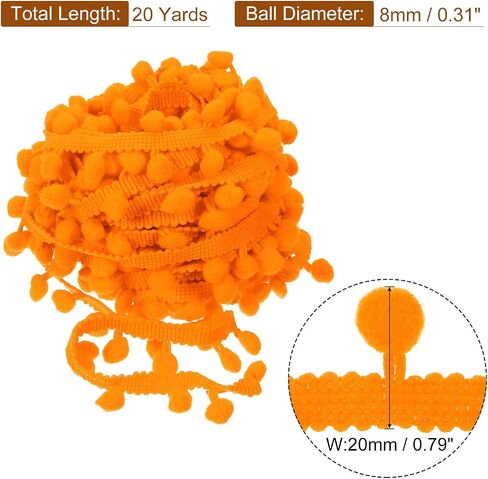 UXCELL 20 ياردة POM Ball Ball Fringe Trim ، شريط خياطة ملحق DIY للحرف اليدوية للستائر المنزلية تزيين وسادة ملابس (8 مم ، برتقالي) in Saudi Arabia