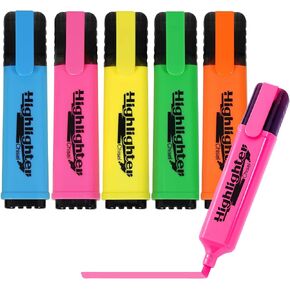 5 Fluorescent Chisel Tip Highlighters, Assorted Aesthetic Colors Highlighter Set for Underlining, Highlighting, Coloring, Journaling, No Bleed, Quick Dry Markers School Supplies