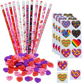 4E's Novelty 36 Set Valentine’s Day Stationary Gifts for Kids - 36 Pencils, 36 Heart Erasers, 104 Stickers - Valentines Classroom Exchange Toys, Class Party Favors From Teacher To Student