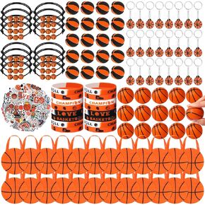 Aoriher 194Pcs Basketball Party Favors Set Basketball Silicone Charm Bracelets Mini Basketball Bouncy Balls Toy Keychains Non Woven Gift Goodie Bags Sticker Eraser for Basketball Sports Party Supplies