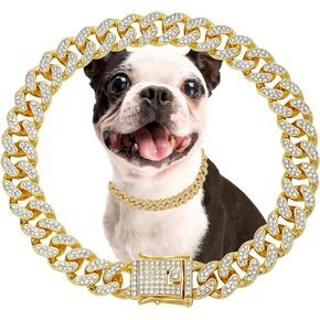 Rosegold Dog Cat Chain Collar Necklace with Diamond Pendant K Metal Cuban Link Chains Pet Gold Crystal Collar Necklaces Accessories for Cats Puppy Dogs(8inch)