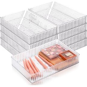 8 PCS صناديق منظمو الدرج Clear Clear 9.9 "× 6.3" × 1.8 "مكياج قابلة للتكديس وصواني منظمات الغرور منظمي درج بلاستيكي واضحة المقسمات المكتبية