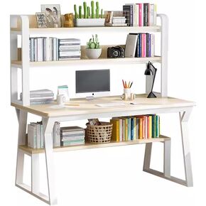 Computer Desk with Bookshelf, Wide Office Desk with Double Top Storage Shelves, Writing Desk for Study Work, Easy Assemble, 3 Size (39.3 * 19.6in (100 * 50cm))