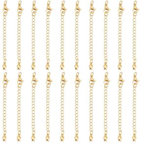 Beebeecraft 20Pcs Necklace Extenders 14K Gold Plated 70mm Extender Chain End Chains with Lobster Claw Clasps and Flower Chain Tabs for Jewelry Making