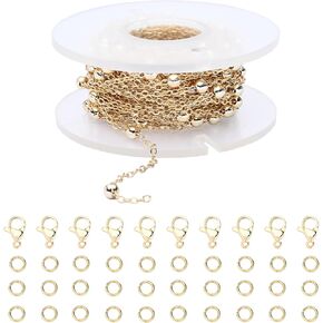 Loprome 16.4 Feet 14K Gold Plated Bead Cable Chains for Jewelry Making, Bulk Link Chains Roll with Lobster Clasps and Jump Rings for Necklace Bracelet Anklet DIY Craft Jewelry Making