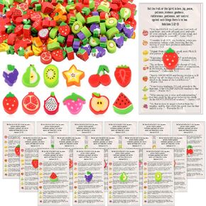 100 Set Fruit of The Spirit Gift Bulk Christian Mini Fruit Erasers with Cards Religious Bible Study Supplies Bible Verse Church Gift Assortment Cute Eraser for Easter Sunday School Party Favor