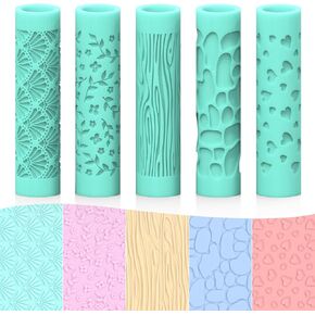 ORIGACH 5 Pcs Polymer Clay Texture Roller for Earring Making, Pottery Tools Texture Roller for Clay Jewelry Making Texture Pattern-Heart, Leaves and Flowers, Cobblestone, Wood Grain, Fan Shape
