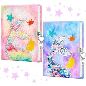 2Pcs Mermaid Diary for Girls with Lock and Keys, Fluffy Secret Notebook for Writing and Drawing, 320 Lined Pages Cute Plush Secret Diary for Kids, Gifts for Girls Over 6 Years Old,Purple and Pind