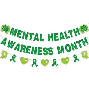 Mental Health Awareness Month Banner No DIY Glitter Green Mental Health Awareness Month Bulletin Board Decorations for School Classroom Outdoor May Mental Health Month Party Supplies